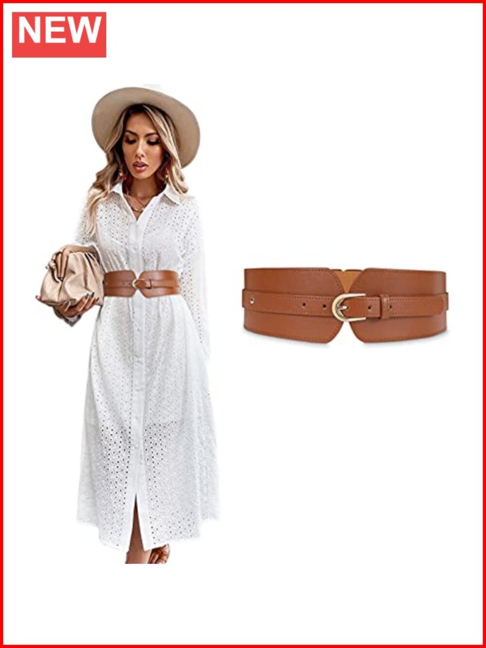 Wide Elastic Waist Belt PU Leather Gold Buckle Stretch Cinch Dress Belt Women